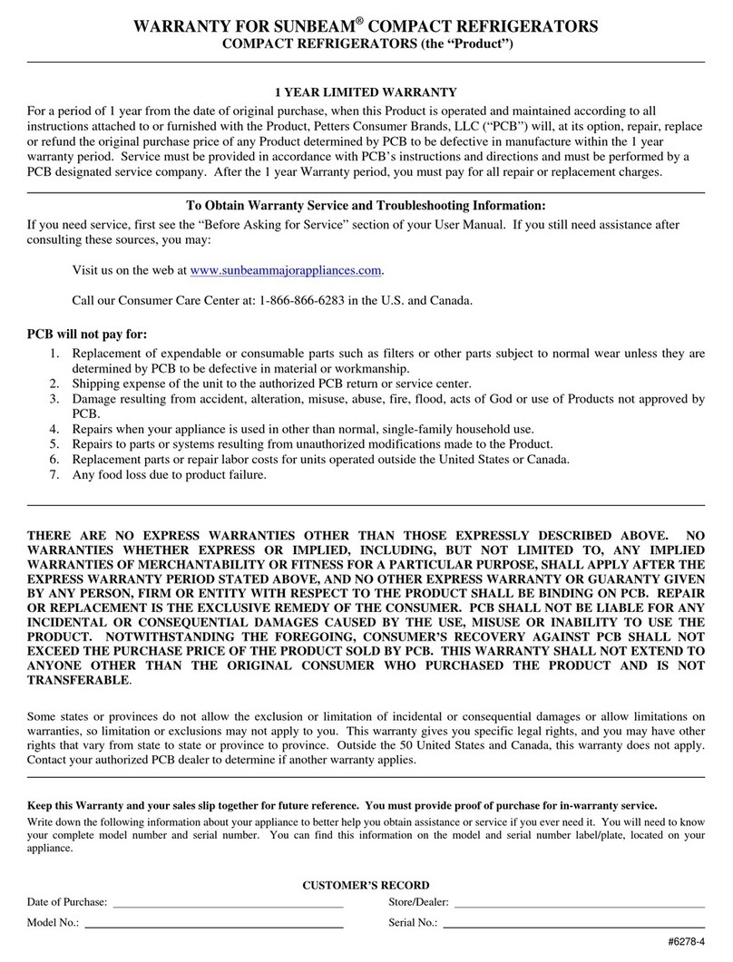 Sunbeam Compact Refrigerators Stücklistenhandbuch