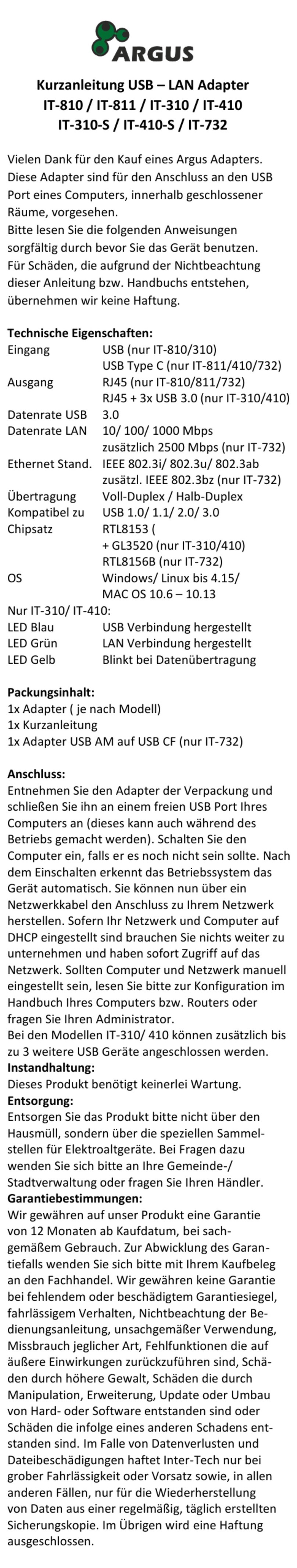 Argus IT-810 Bedienungsanleitung